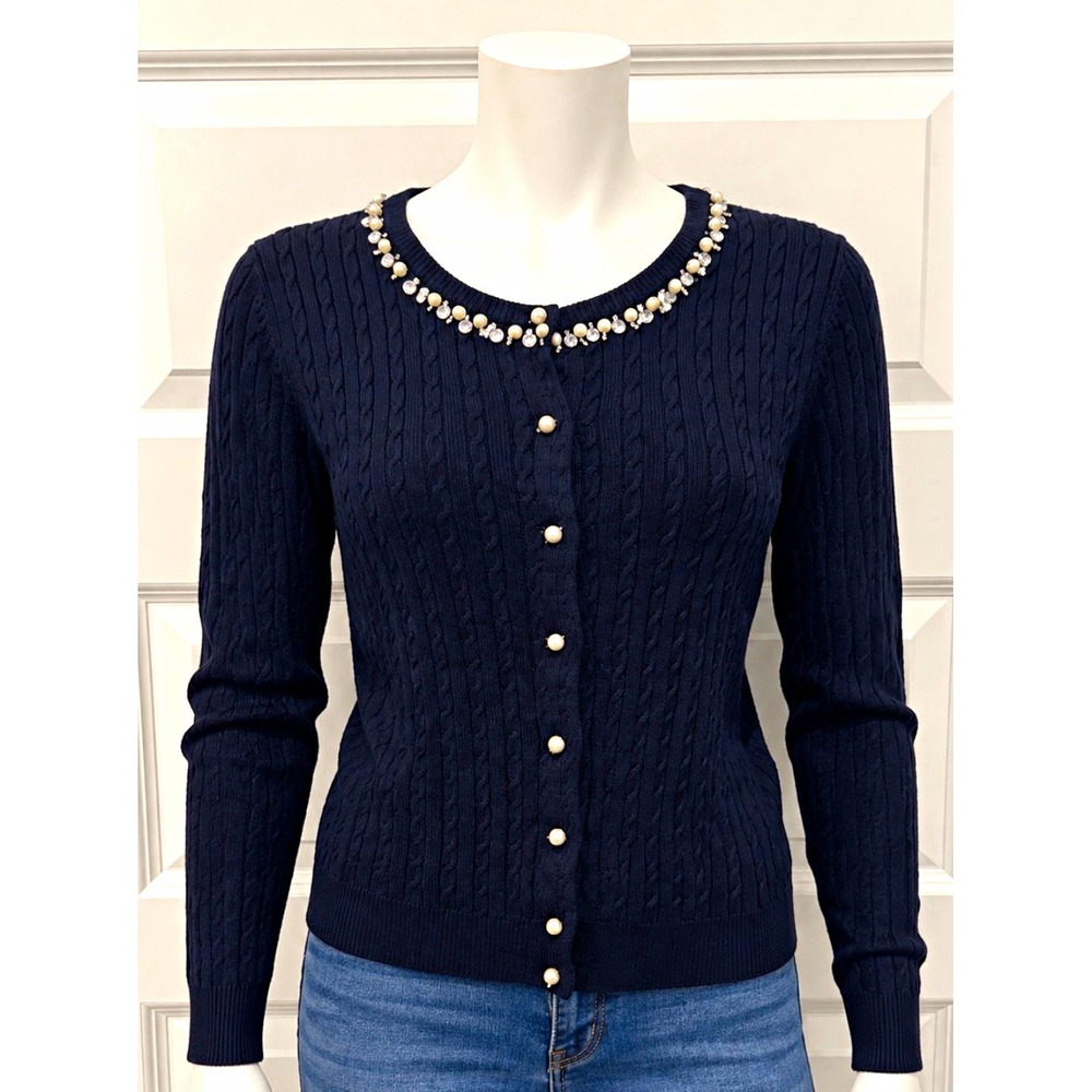 Tommy Hilfiger Women's Navy Cable Knit Cardigan Pearl Beaded Sweater Small S